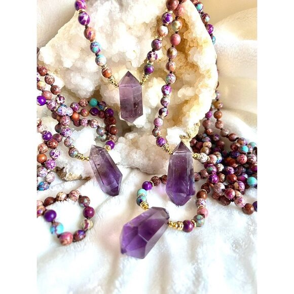 Galaxy Jasper + DT Amethyst Mala Necklace Pendant - Picture 8 of 10